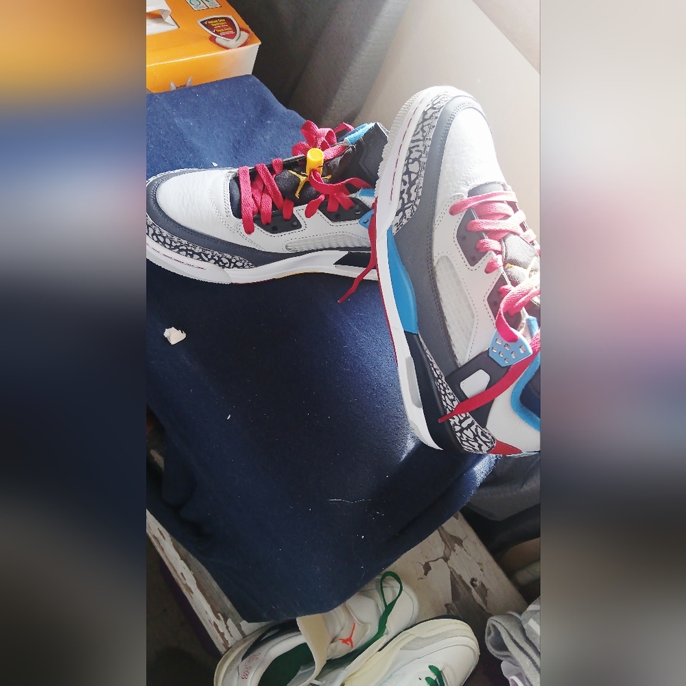 JORDAN 7.5 Gray and Blue, BLACK Sneakers with Red & YELLOWAccents